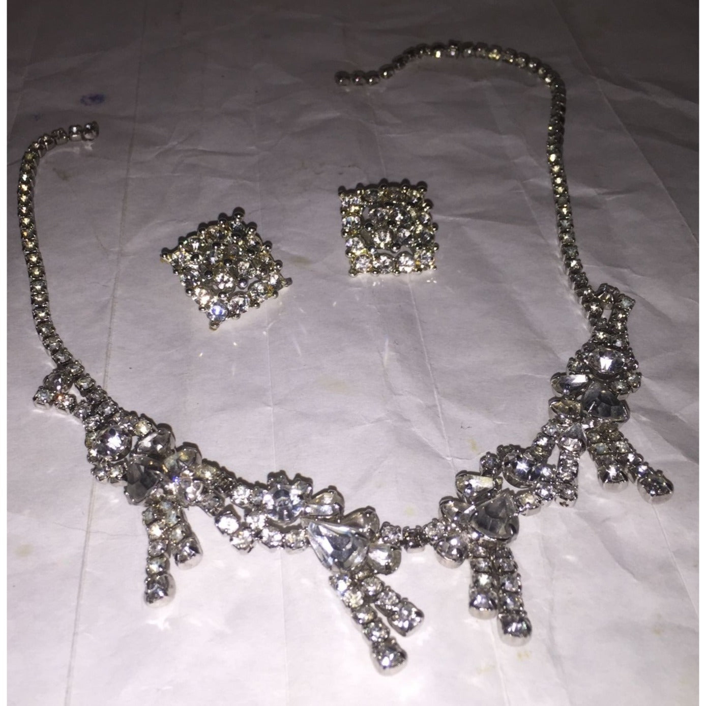 Womens Sparkly Rhinestone Necklace and Matching Clamp/Clip On Squared Earrings