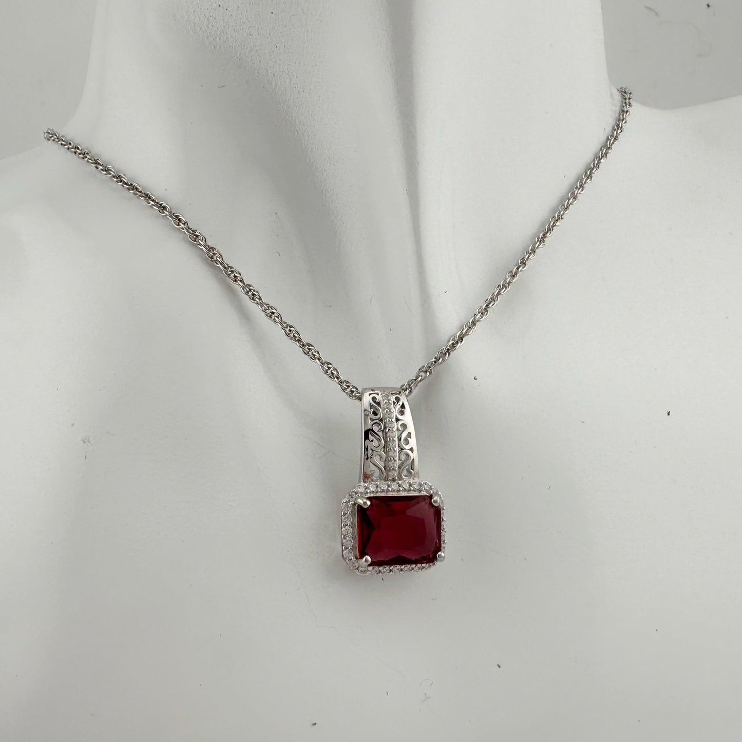 4.10 Carat Emerald Cut Ruby Designer Pendant - Sterling Silver Setting & Chain - Beautiful Filagree Detailing