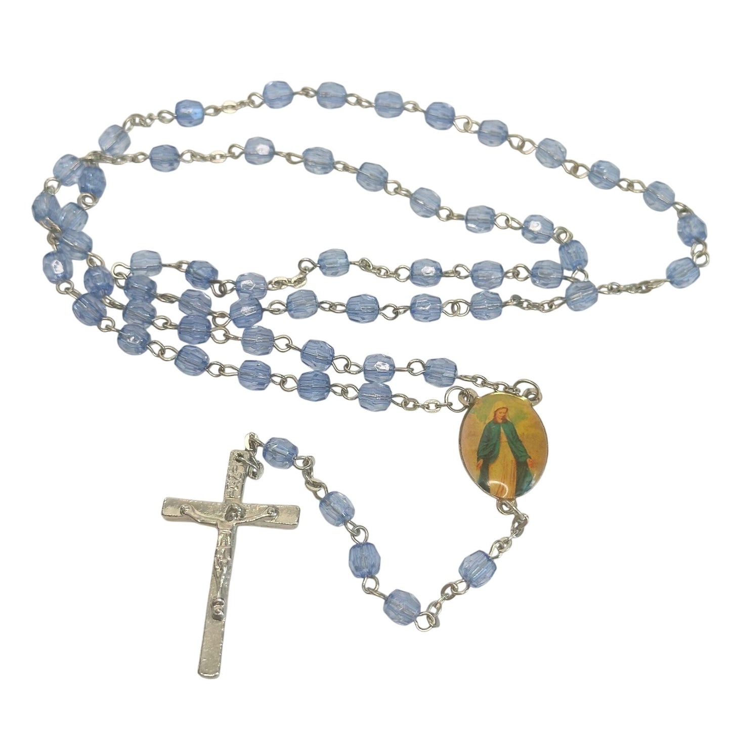 Vintage Religious Rosary with Virgin Mary and Jesus Medal and Blue Clear Beads