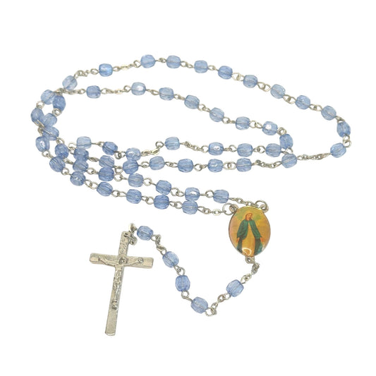 Vintage Religious Rosary with Virgin Mary and Jesus Medal and Blue Clear Beads