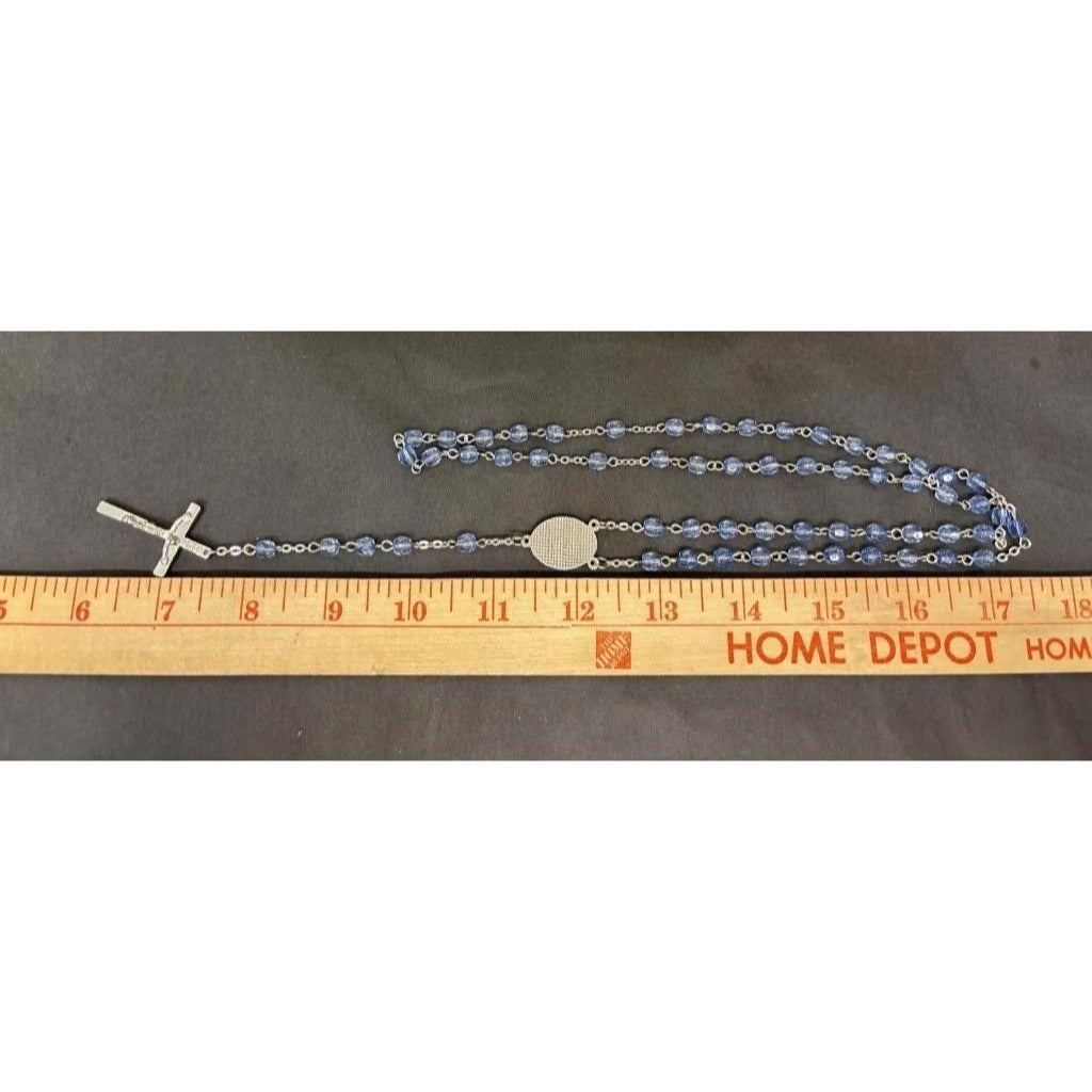 Vintage Religious Rosary with Virgin Mary and Jesus Medal and Blue Clear Beads