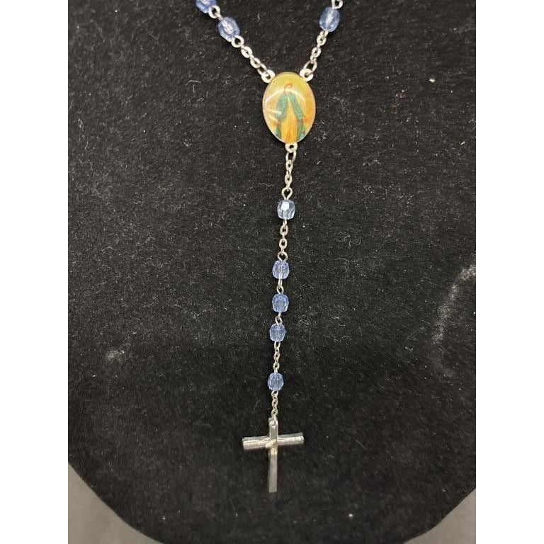 Vintage Religious Rosary with Virgin Mary and Jesus Medal and Blue Clear Beads