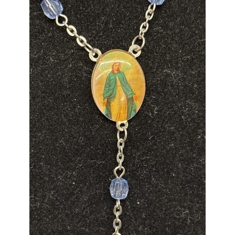 Vintage Religious Rosary with Virgin Mary and Jesus Medal and Blue Clear Beads
