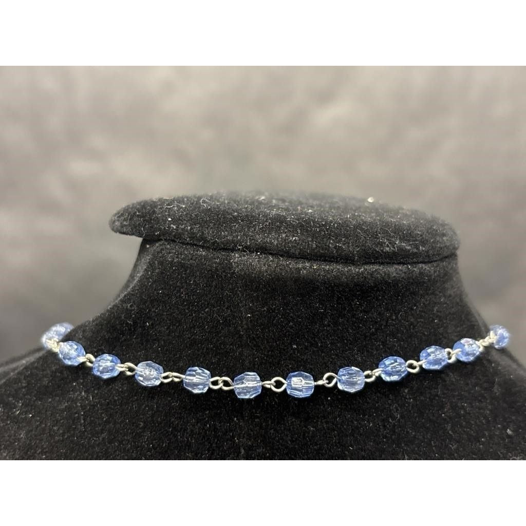 Vintage Religious Rosary with Virgin Mary and Jesus Medal and Blue Clear Beads