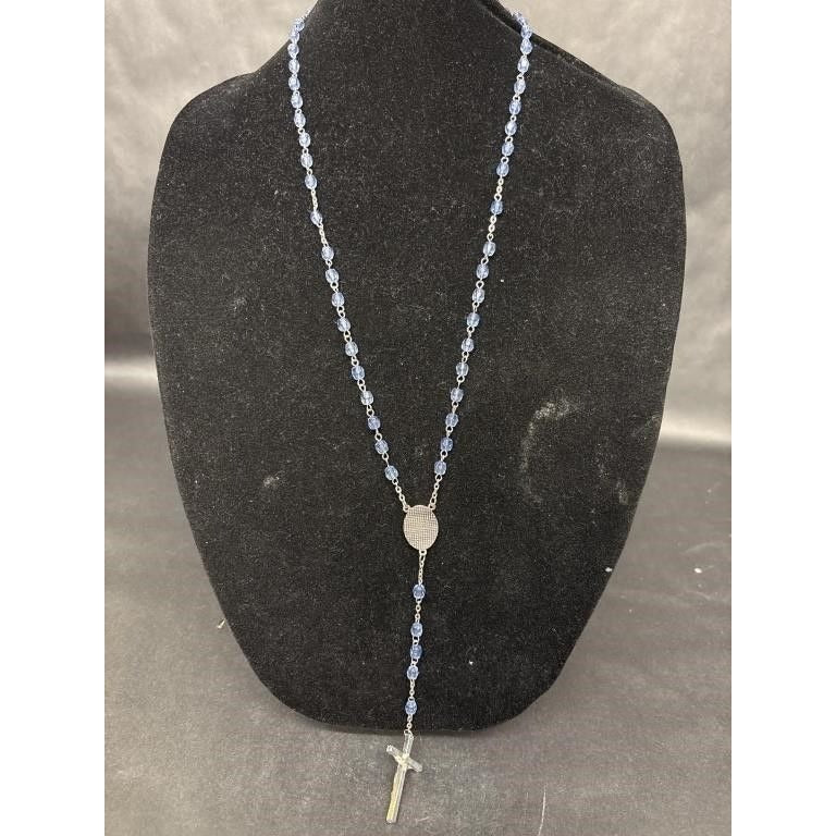 Vintage Religious Rosary with Virgin Mary and Jesus Medal and Blue Clear Beads