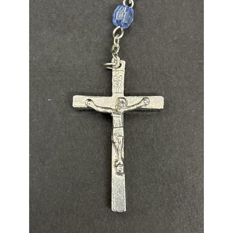 Vintage Religious Rosary with Virgin Mary and Jesus Medal and Blue Clear Beads