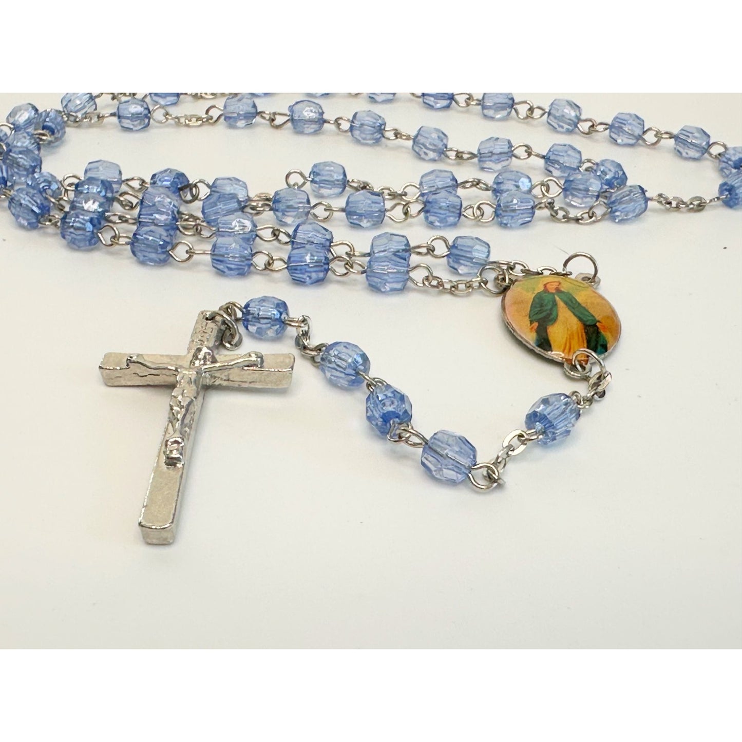 Vintage Religious Rosary with Virgin Mary and Jesus Medal and Blue Clear Beads