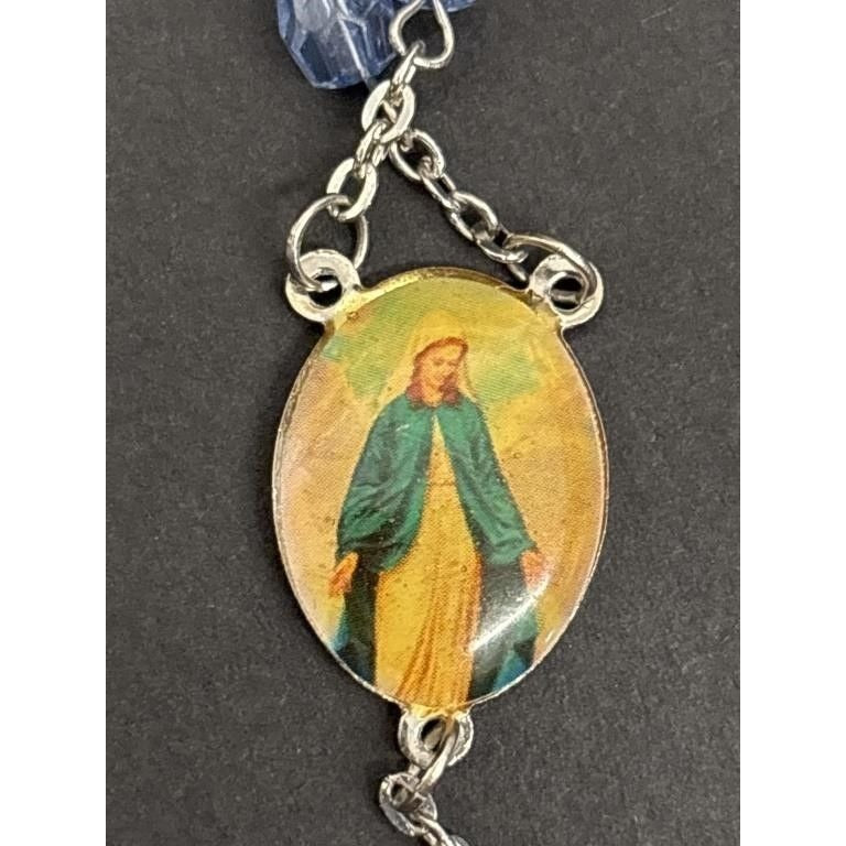 Vintage Religious Rosary with Virgin Mary and Jesus Medal and Blue Clear Beads