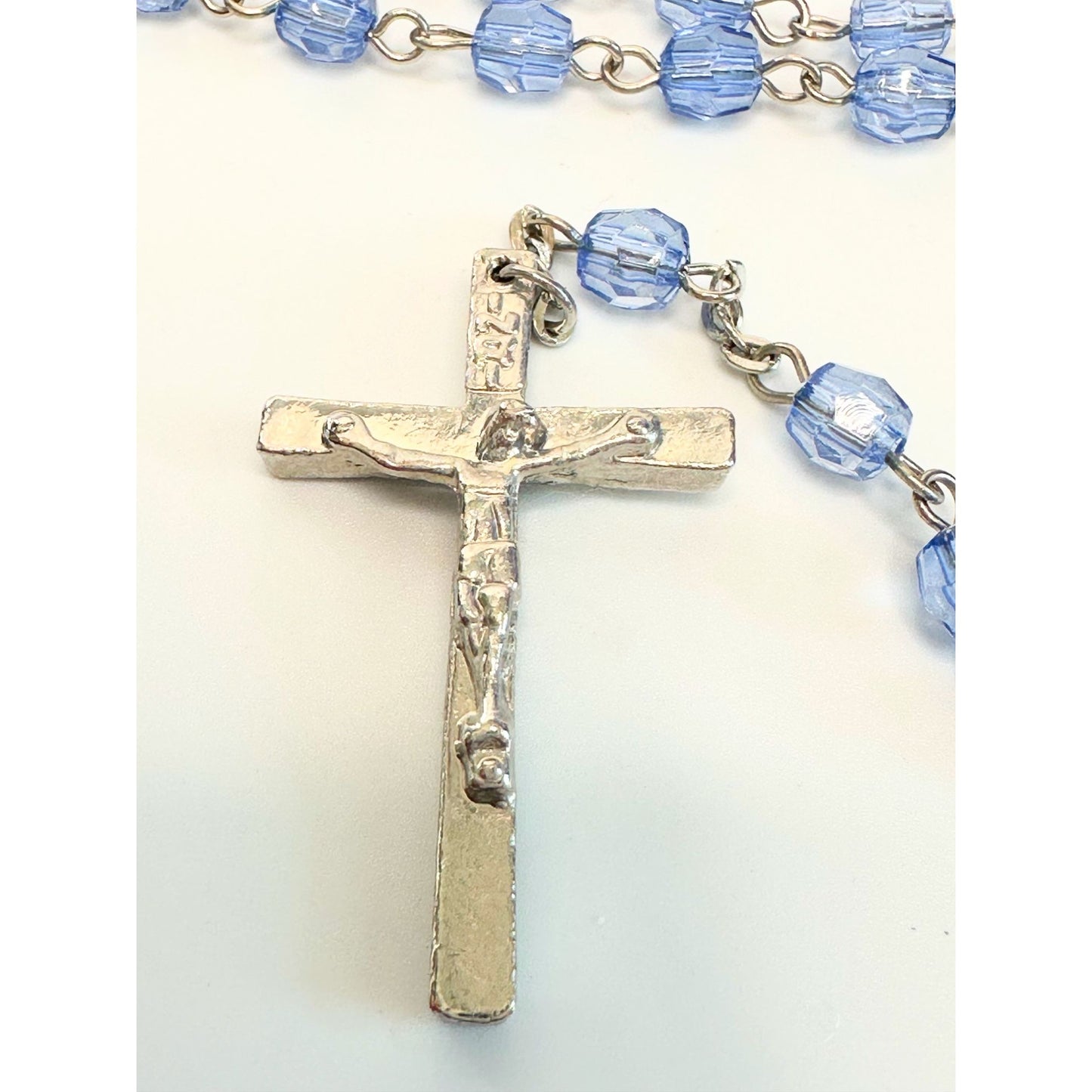 Vintage Religious Rosary with Virgin Mary and Jesus Medal and Blue Clear Beads