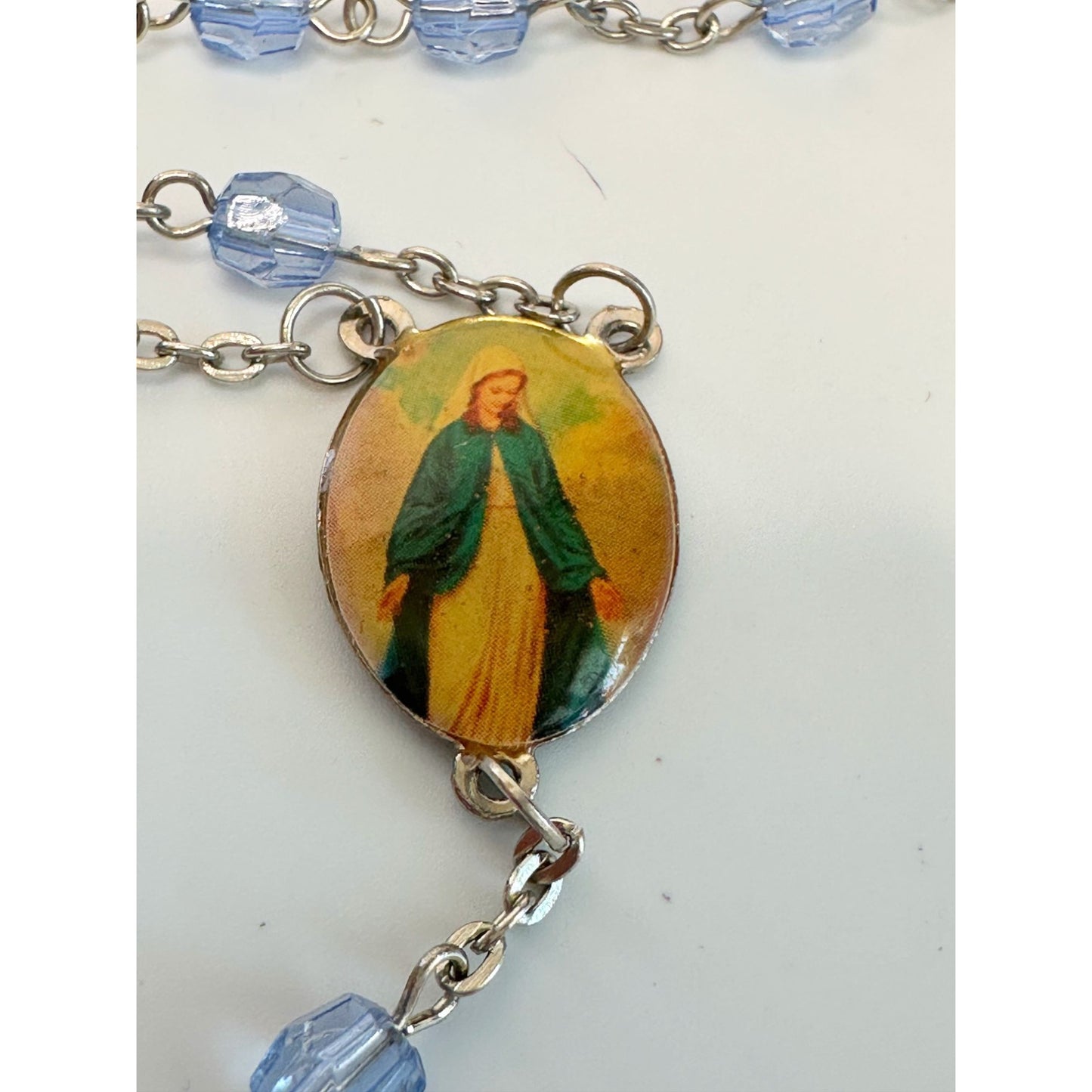Vintage Religious Rosary with Virgin Mary and Jesus Medal and Blue Clear Beads