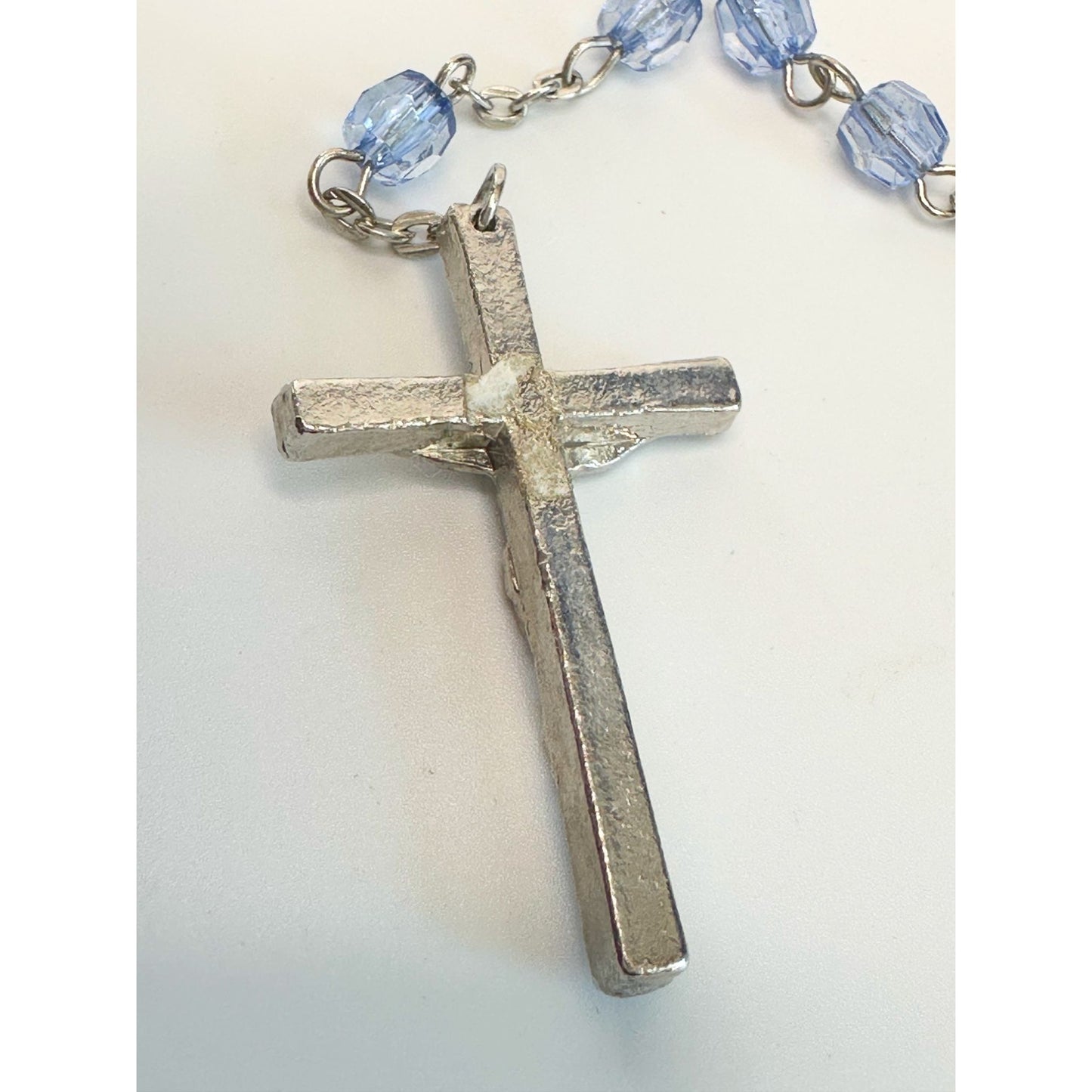 Vintage Religious Rosary with Virgin Mary and Jesus Medal and Blue Clear Beads