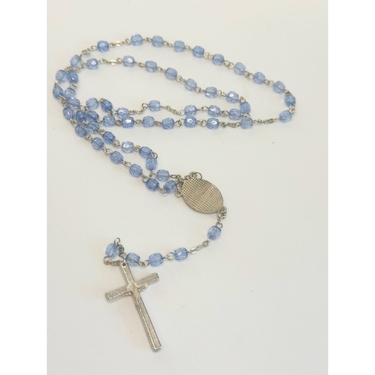 Vintage Religious Rosary with Virgin Mary and Jesus Medal and Blue Clear Beads