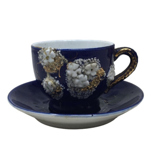 Vintage Miniature Cobalt Blue Flower Patterned Tea Cup with Saucer