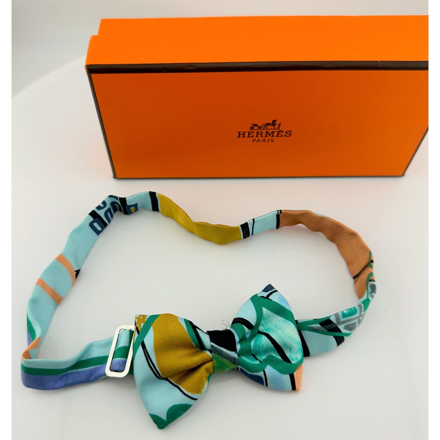 Hermès Green, Yellow, Orange, Aqua and Teal Silk Bow Tie with Box