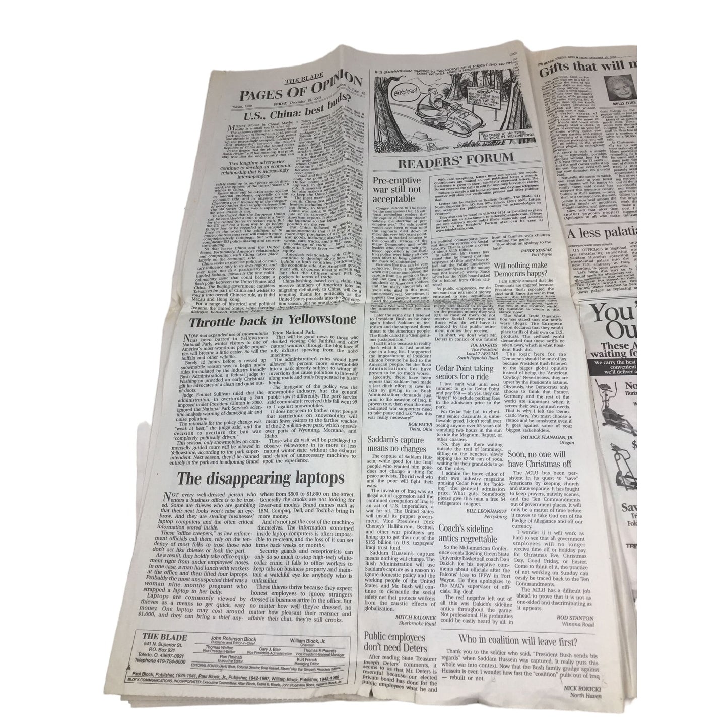 Vintage Newspaper- The Blade One Of America's Great Newspapers- Fri. Dec. 19, 2003