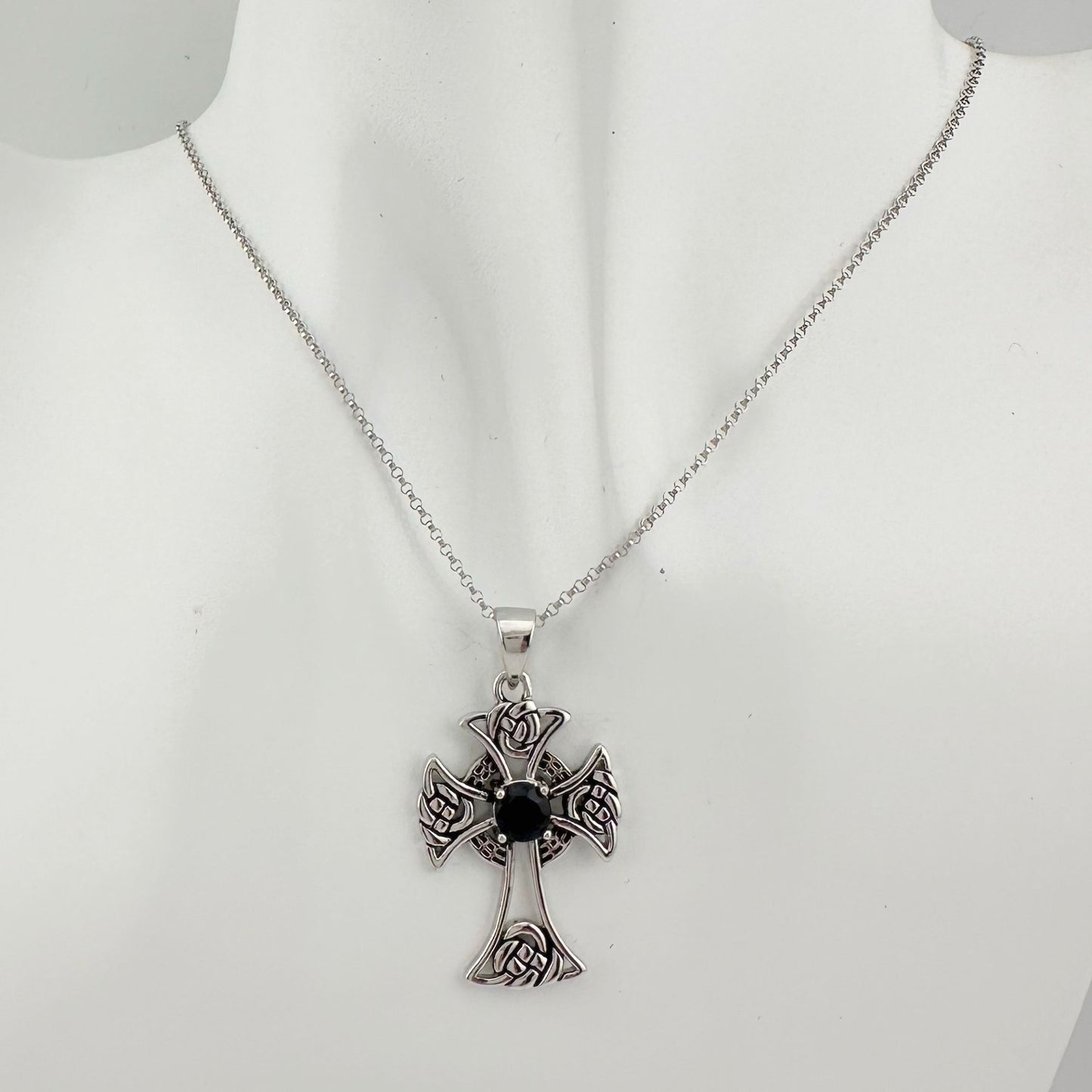 Bold Celtic Cross with Black Sapphire Center - Sterling Silver with 18" Chain