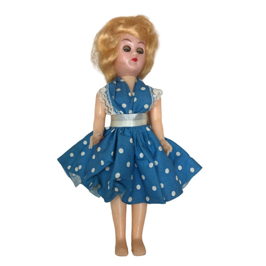 Vintage Collectible Doll Blonde Hair, Blue Eyes Wearing Blue/White Polka Dotted Dress