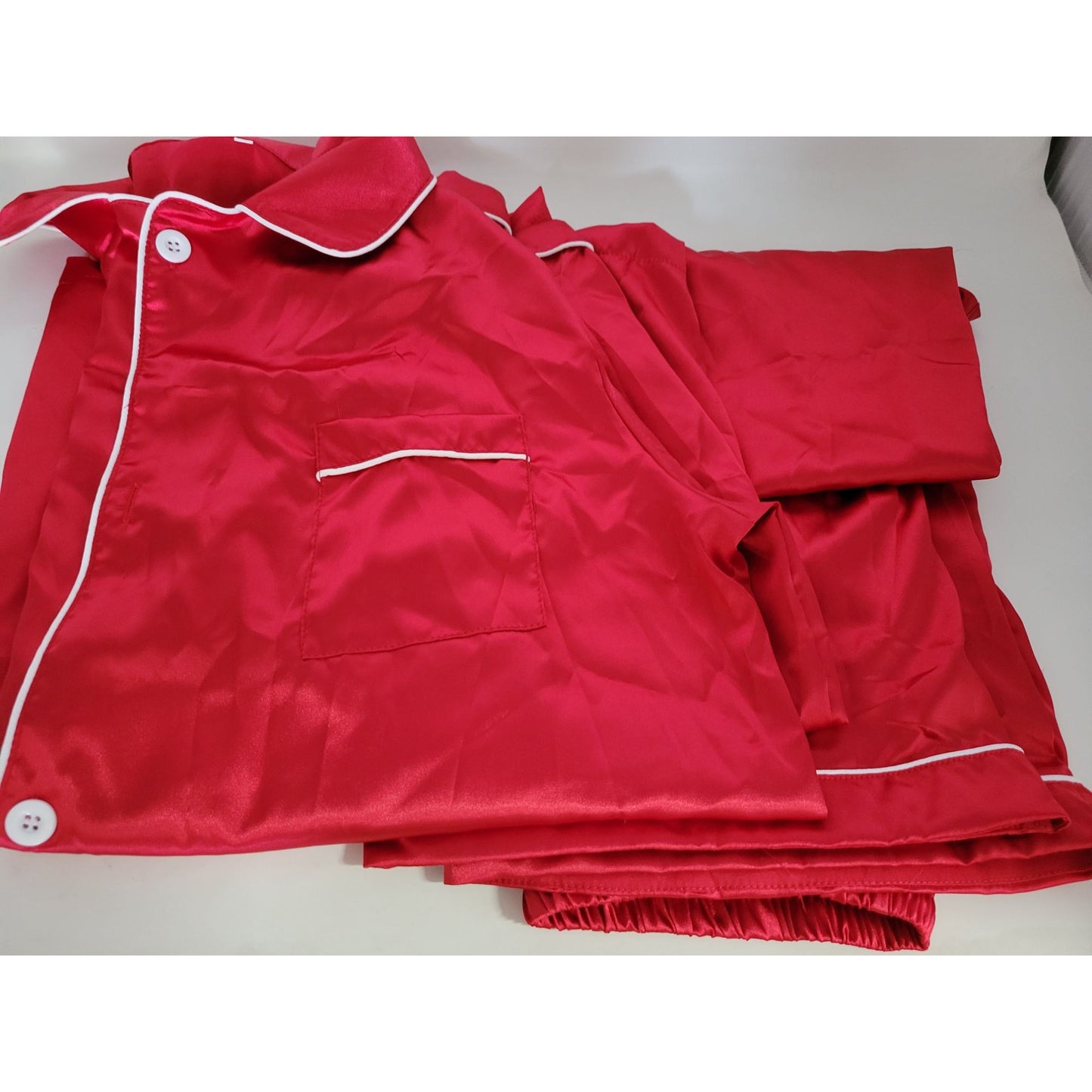 Red Satin Pajamas with White Piping and Buttons - Size2XL