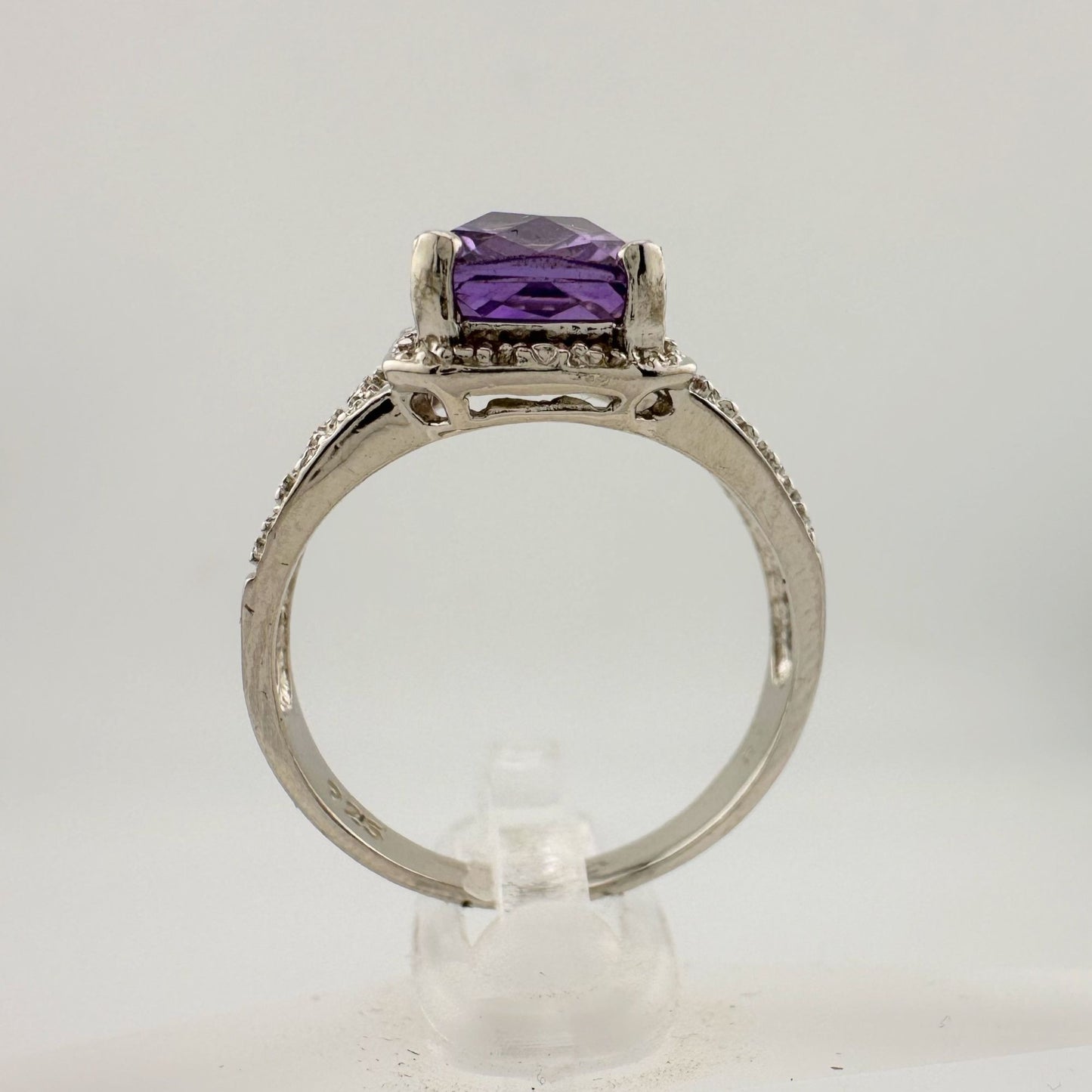 Beautiful Emerald Cut 2.25 Carat Amethyst Ring - Sterling w Diamond Accent Size 8