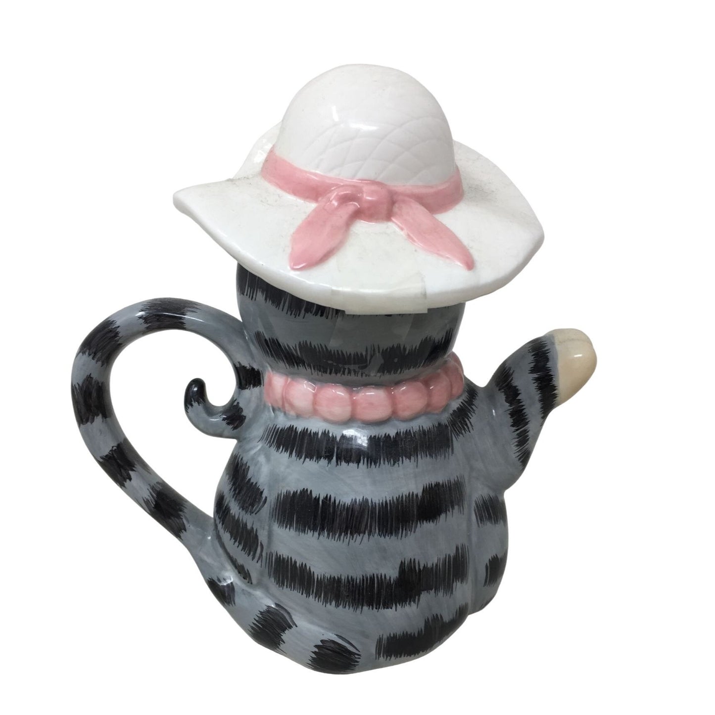 Fun Novelty Cat Pitcher / Pourer - Cute Gray Cartoonish Tabby Cat with White Sunhat and Pink Necklace