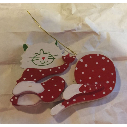 Vintage Wooden Christmas Tree Ornament White/Red Spotted Cat