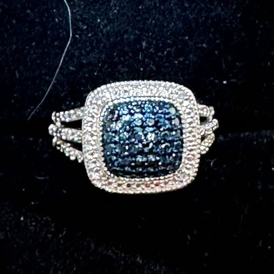 Genuine Blue Diamond Ring Size 7.25 - Pretty Cushion Cut Diamond Accent