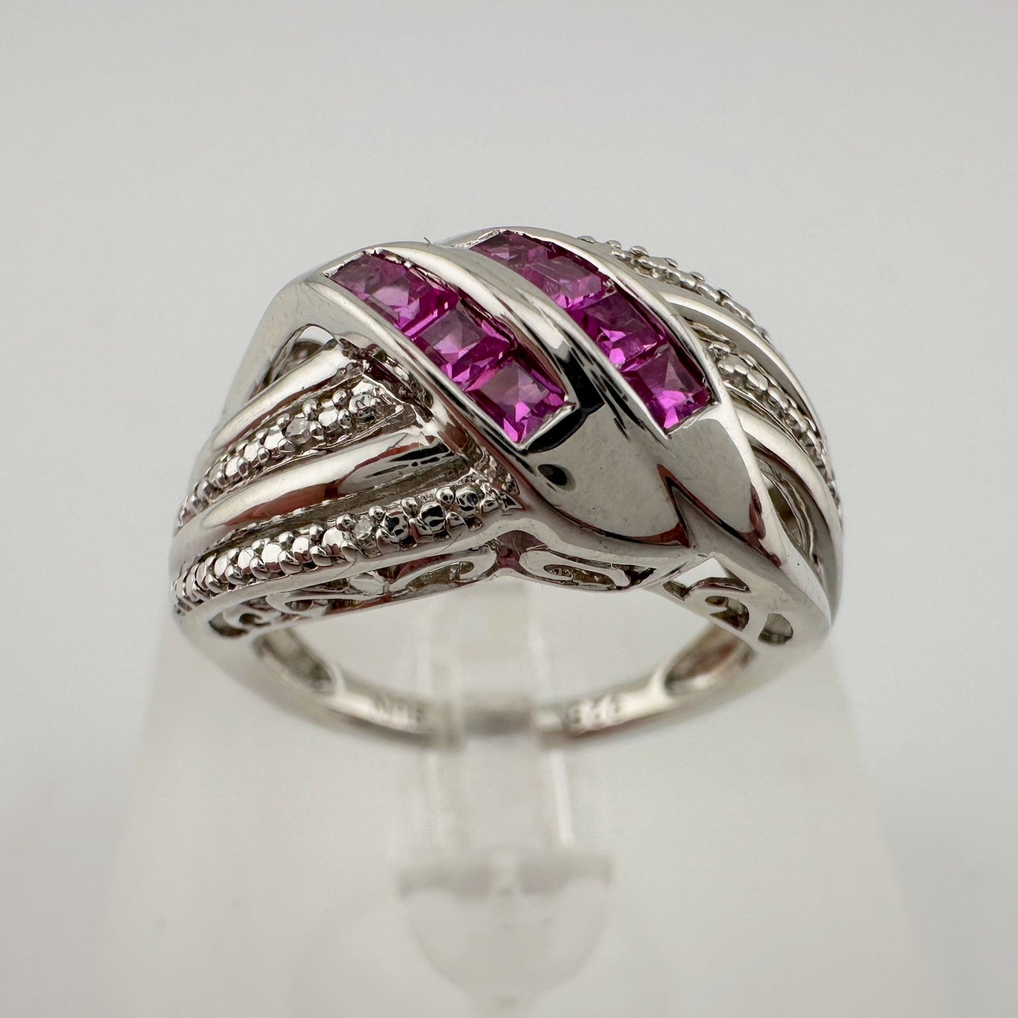 Detailed Lab Created Pink Sapphire and Sterling Ring - Size 7