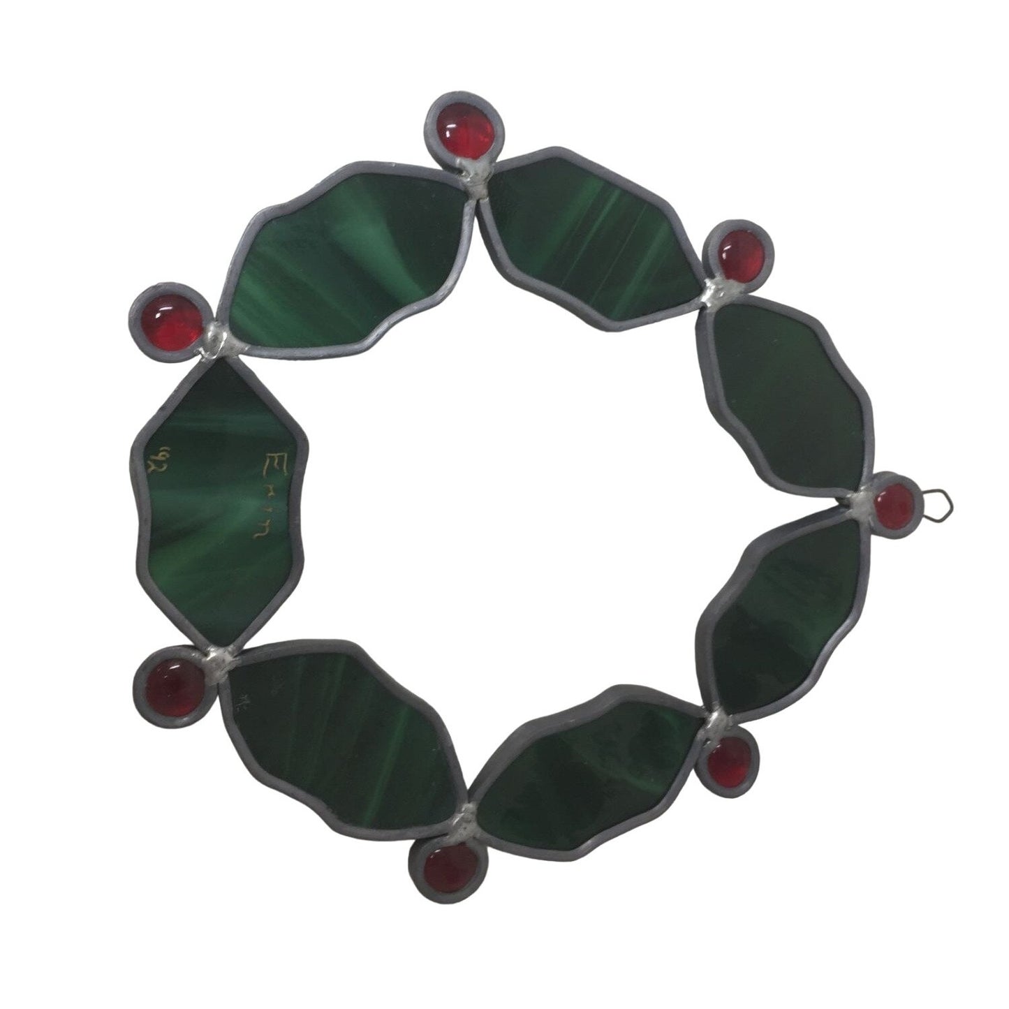 Vintage 1992 Red/Green Stained Glass Holiday Christmas Holly Wreath Window Hanging Ornament