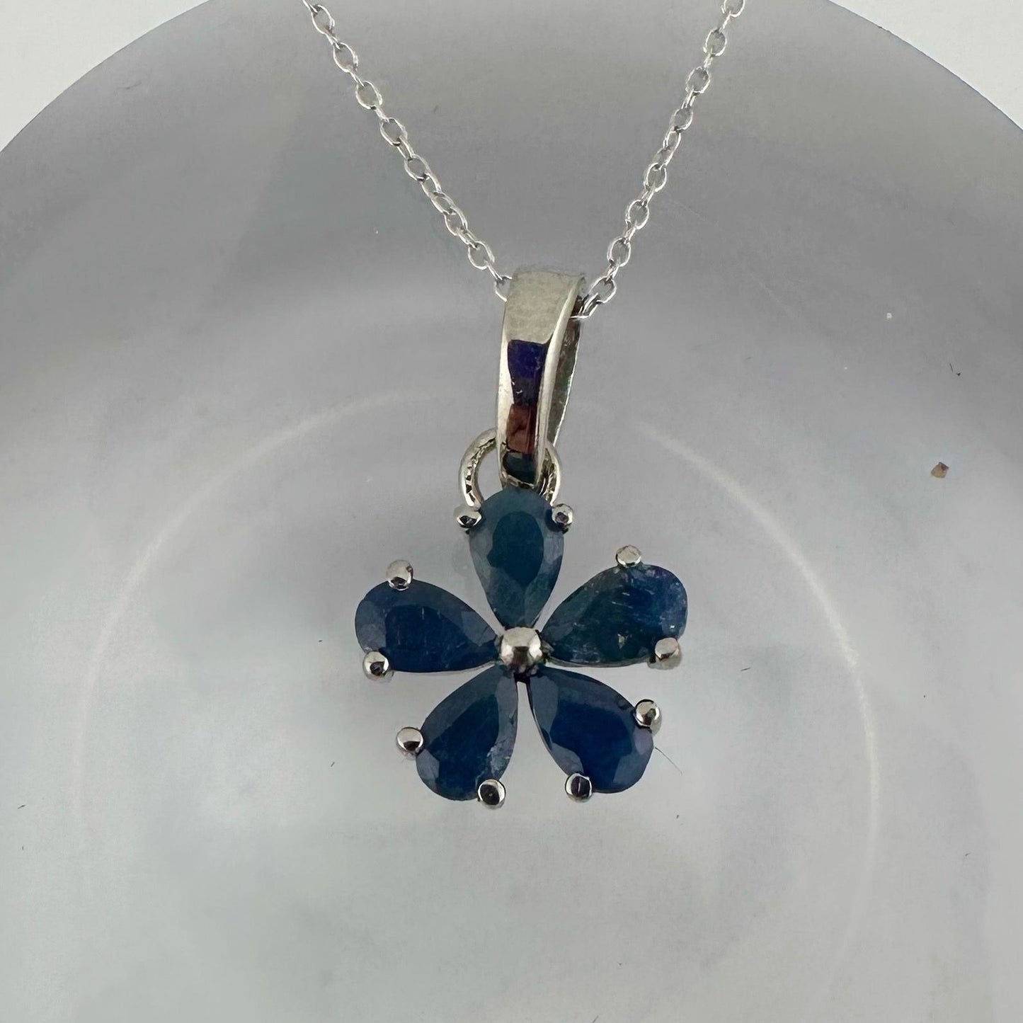 Natural Blue Sapphire Flower Necklace with Pendant - Sterling Silver  - Simply Beautiful!