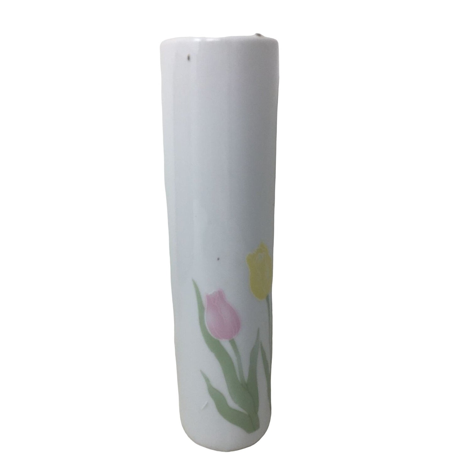 Vintage 1989 Ceramic Bud Flower Vase "Especially For You" w/ Pink, Purple & Yellow Tulips