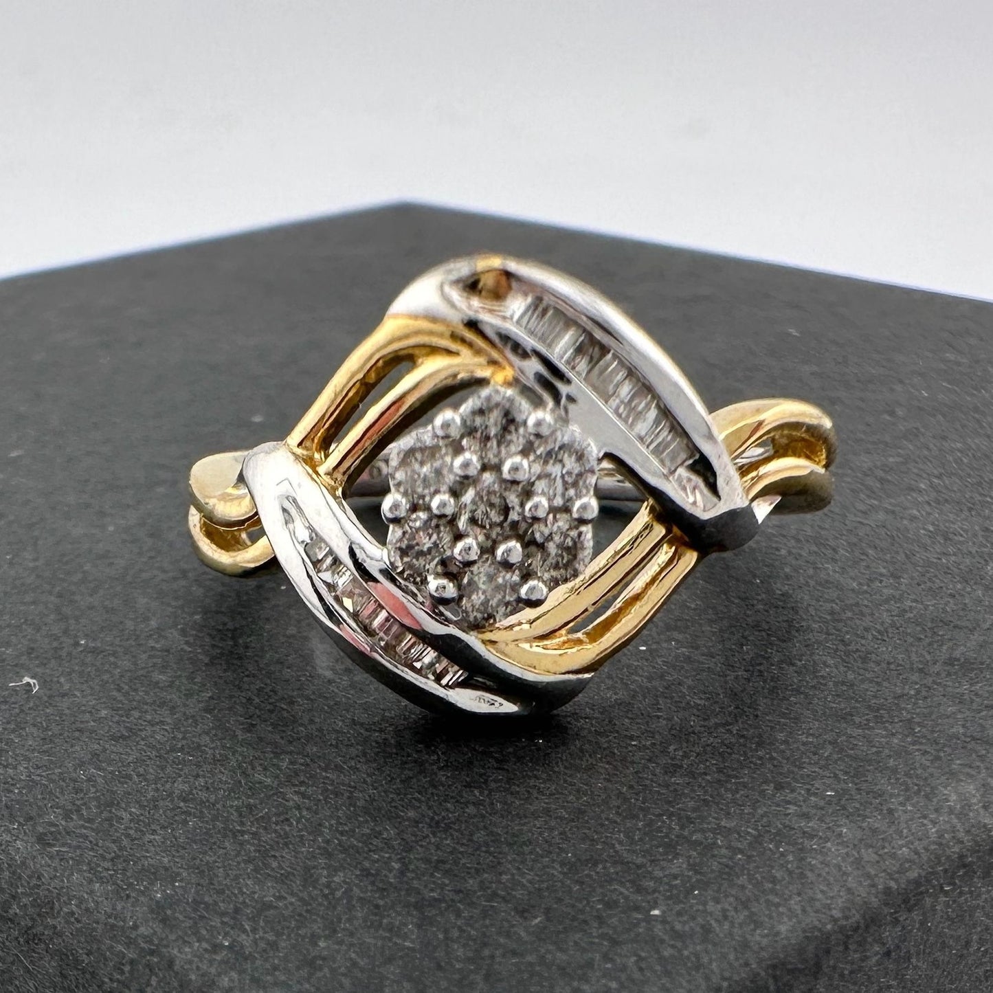 Beautiful 1/4 ct Diamond Ring Baguette and Flower Cluster with Two-Tone Sterling Band Size 6