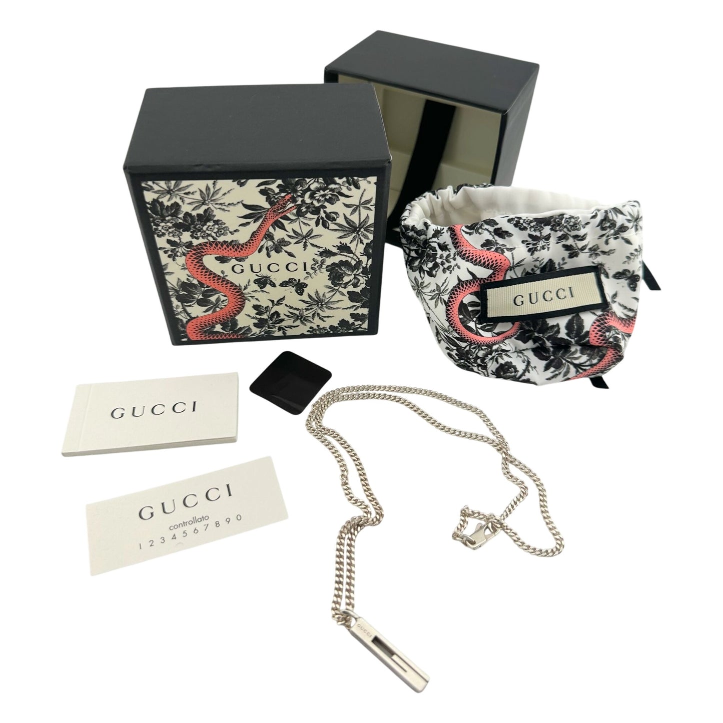 Men's GUCCI G Mark Necklace w Dust Bag, Box, COA & Booklet - Sterling Silver