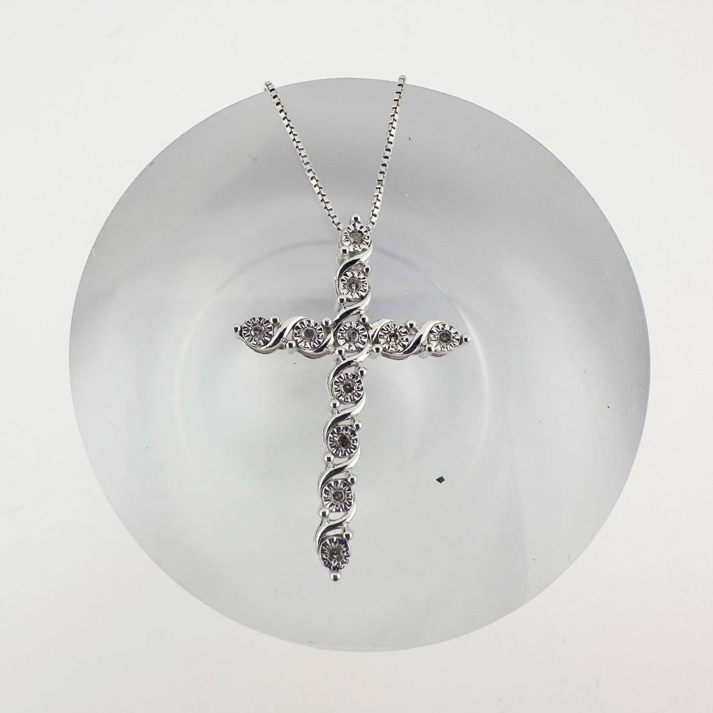 Beautiful Cross Necklace with Natural Diamonds in Illusion Setting and 18" Sterling Chain