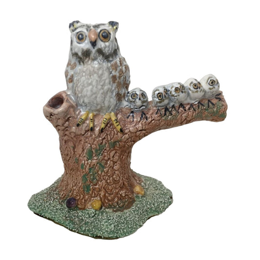 Vintage Basil Matthews Owl Family- Mother Owl/Owlets on Tree Stump Figurine