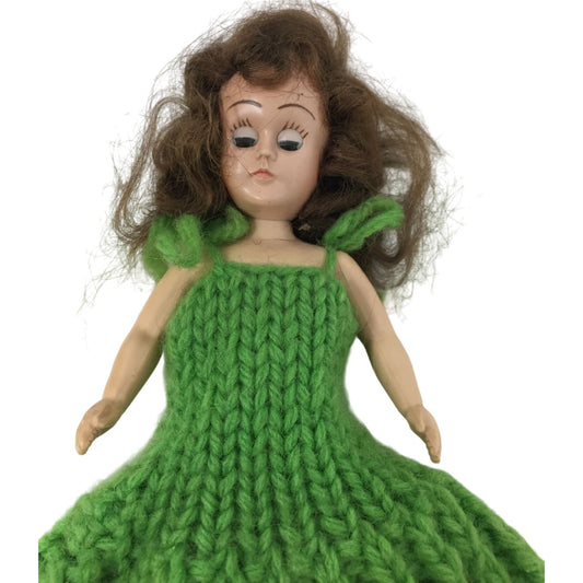 Vintage Collectible Doll With Brown Hair, Wearing Green Crocheted Dress