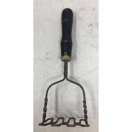 Heavy Twisted Wire Double Wavy Base Vintage Potato Masher Long Wood Handle