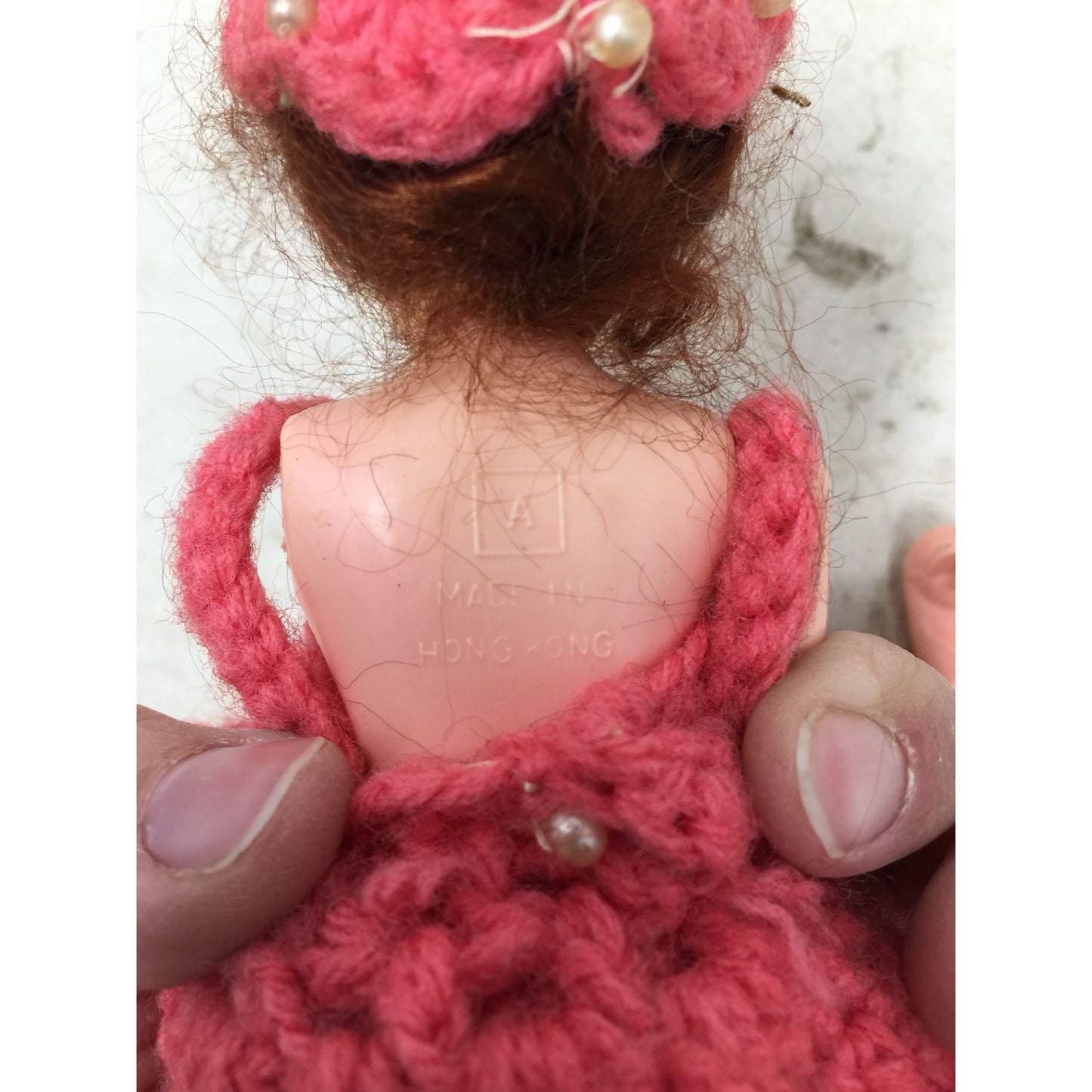 Vintage Collectible Doll Red Hair, Blue Eyes Wearing Crochet Pink Dress w/ Faux Pearls