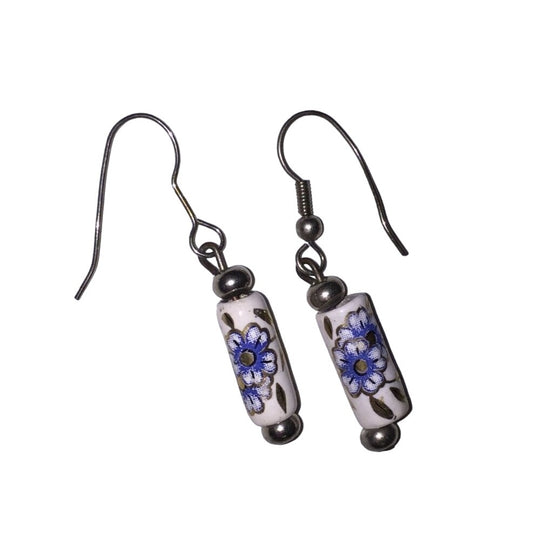 Womens Beautiful Dangly Blue, White & Silver Flower Printed Earrings