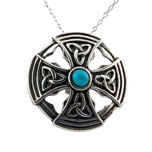 Natural Turquoise Gem in Sterling Silver Celtic Cross - Pendant with Chain
