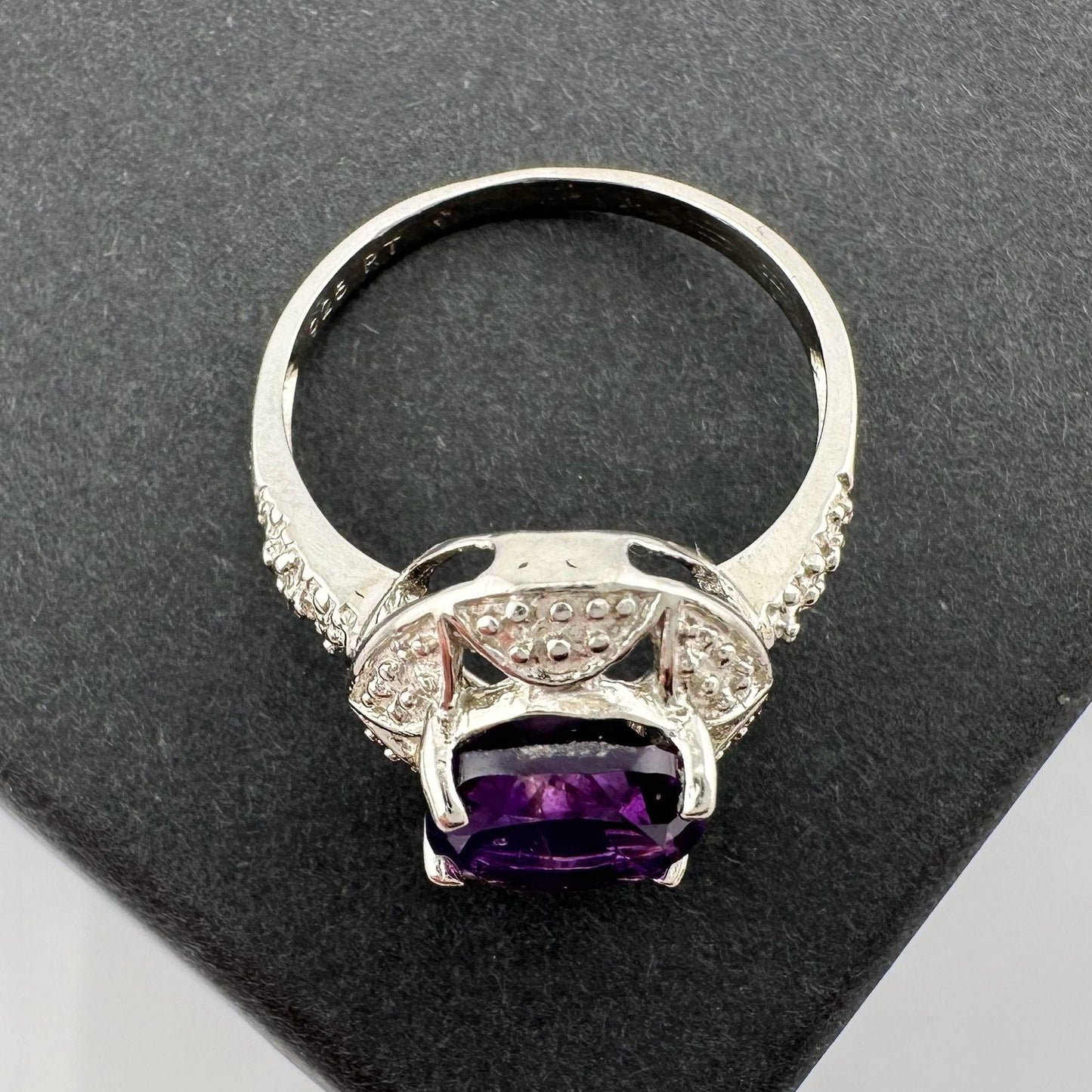 Beautiful Dark Purple Amethyst and Diamond Accent Ring - Sterling Silver Size 7.25