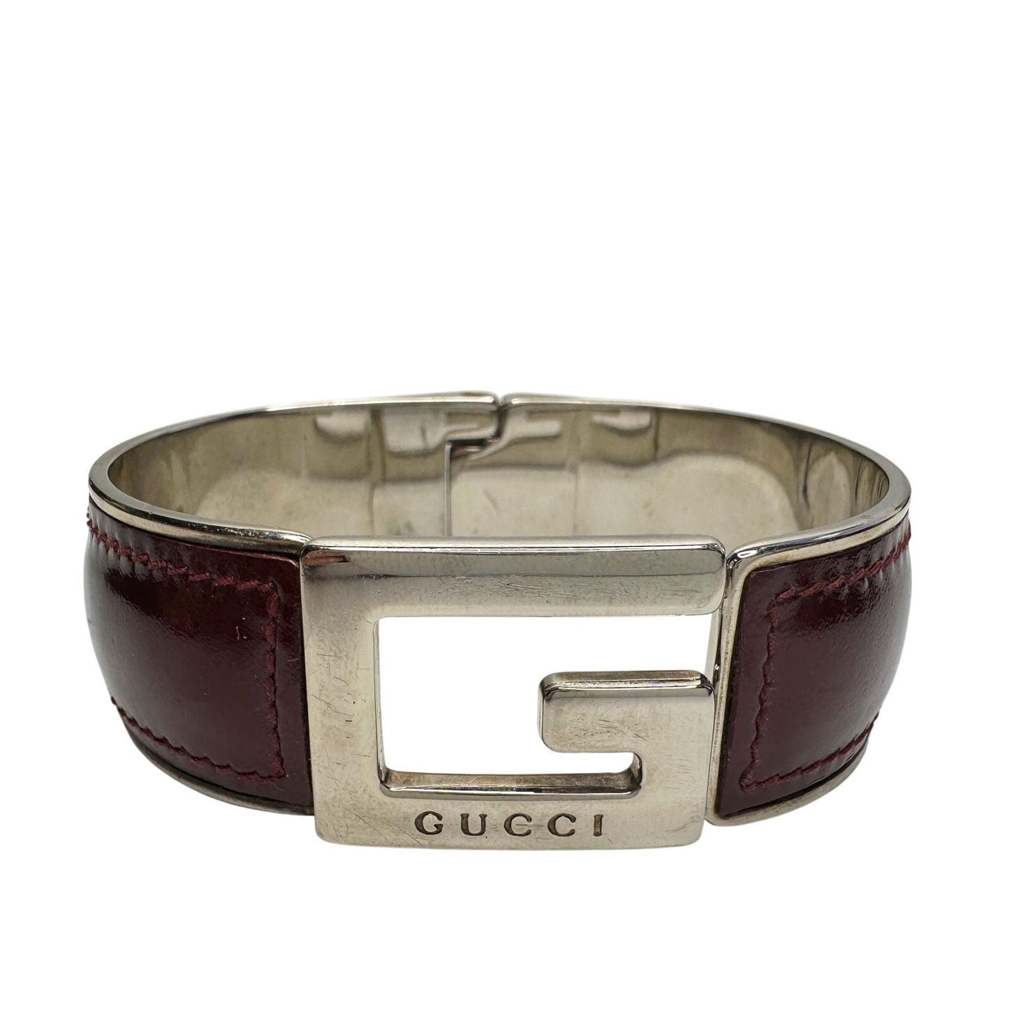 Gucci G-Logo Hinged Cuff Bracelet - Burgundy Patent Leather Band
