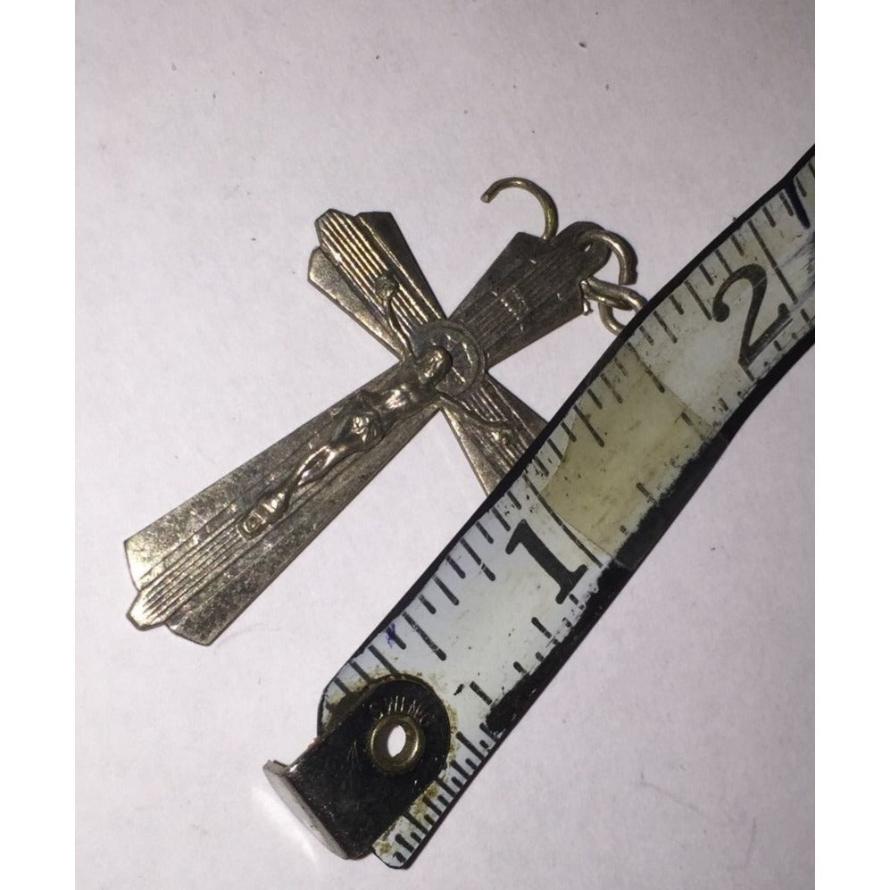 Vintage Silver Tone 1 3/4 Inch Religious Jesus on The Cross Necklace Pendant