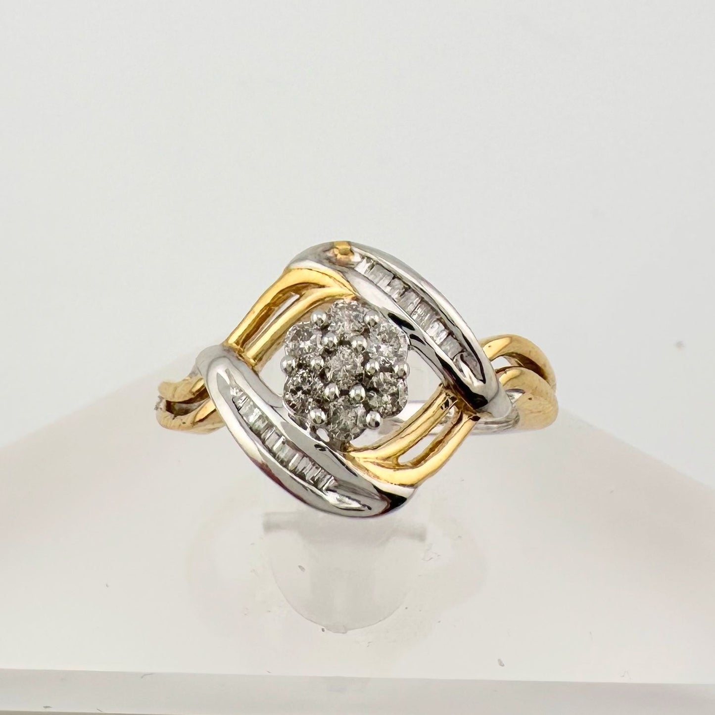 Beautiful 1/4 ct Diamond Ring Baguette and Flower Cluster with Two-Tone Sterling Band Size 6