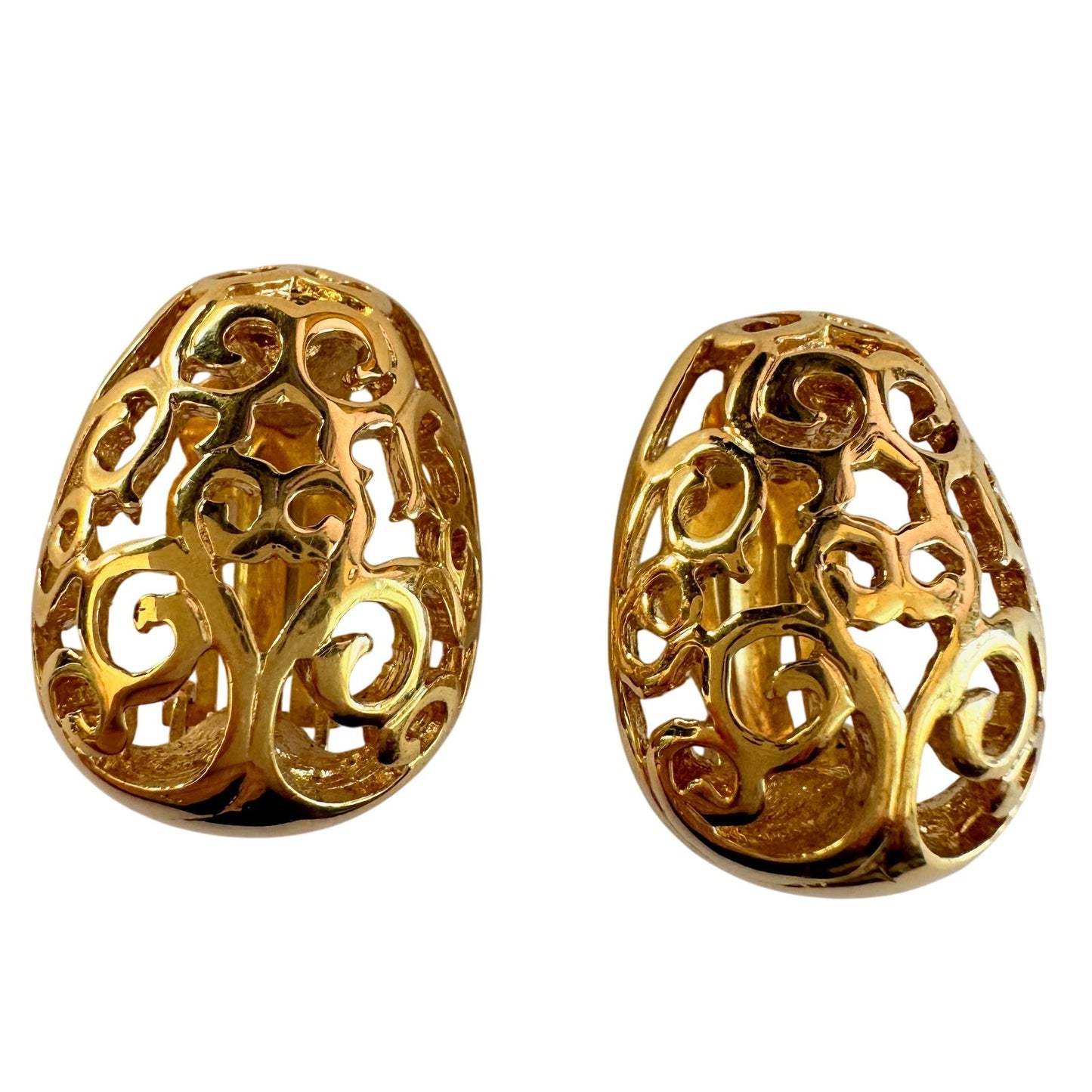 Yves Saint Laurent Logo Arabesque Pattern Gold Plate Engraved Earrings - Clip On