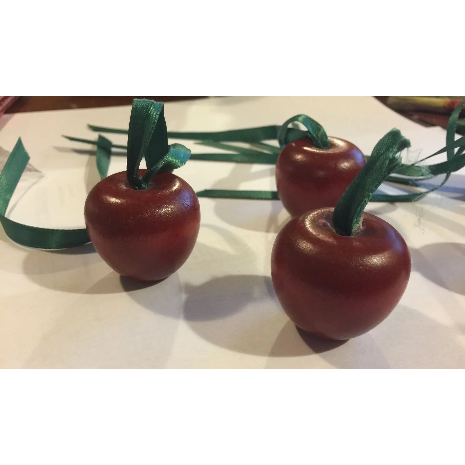 Set of 5 Christmas Ornaments- Wood Cherries/Apples Red with Green Ribbon - A+ Stuff