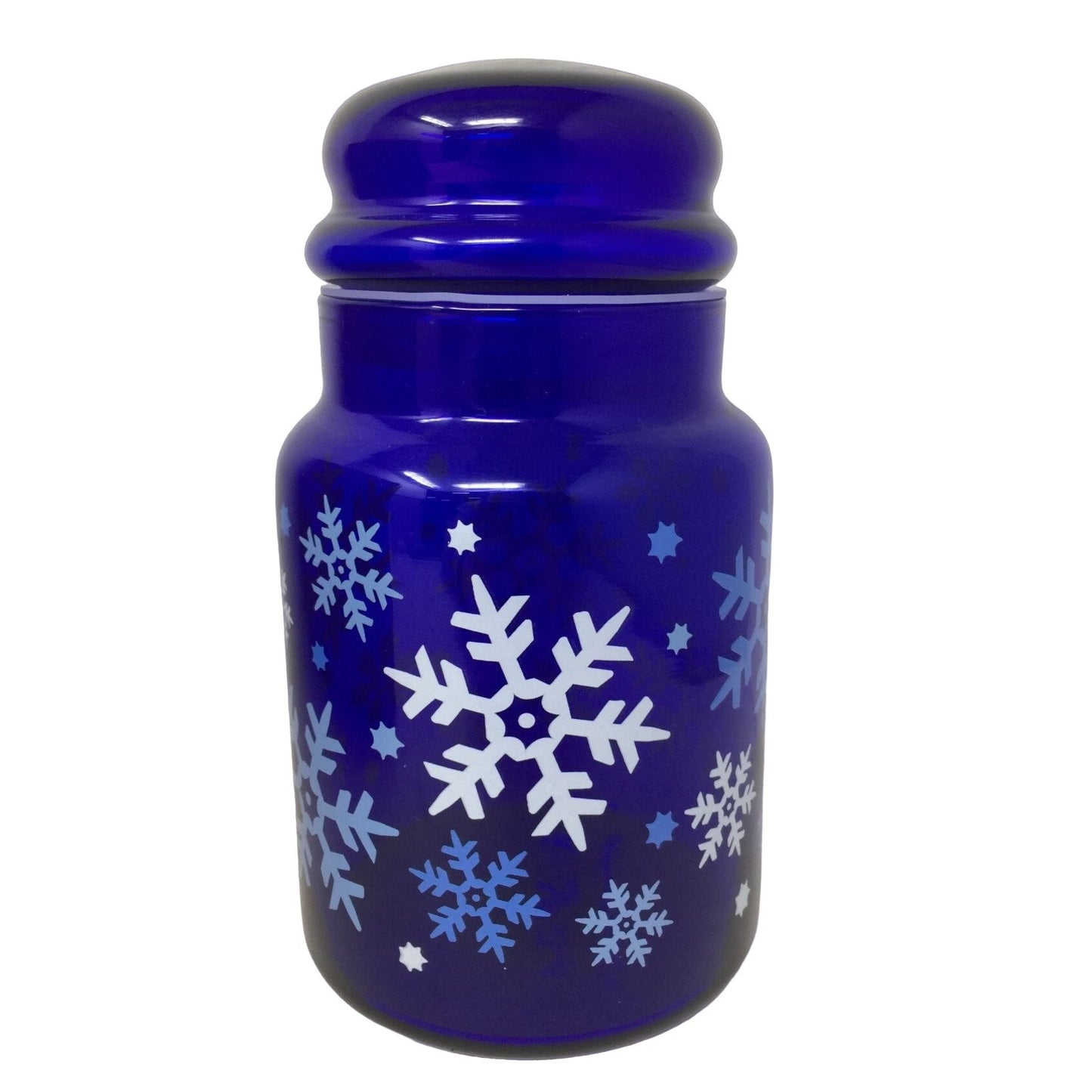 Vintage Libbey 7" Blue Cobalt Lidded Jar with Blue/White Snowflakes