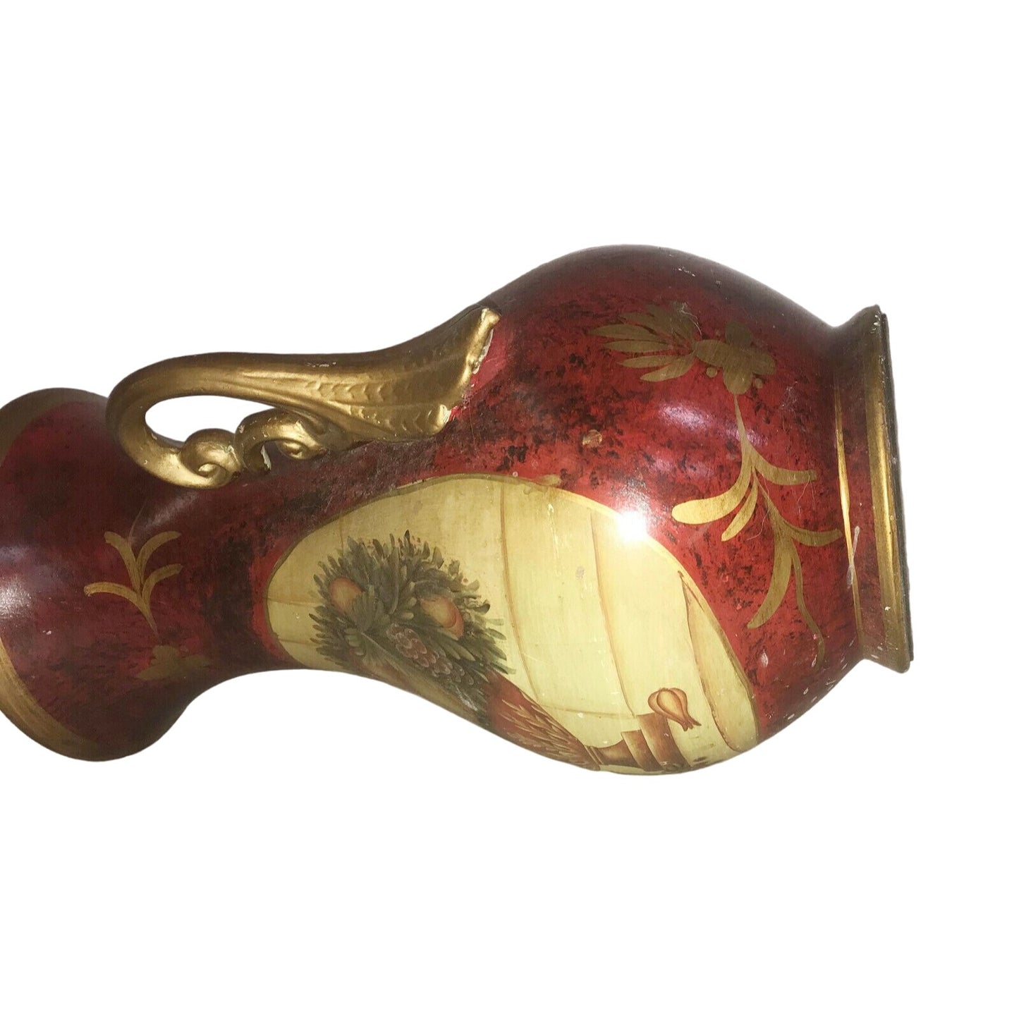 Pretty Decorative VASE with FRUIT BOWL ART Red Gold Handles