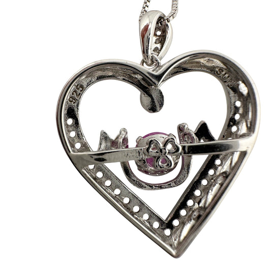 "Mom" Dancing Heart Necklace with Lab Created Pink & White Sapphires