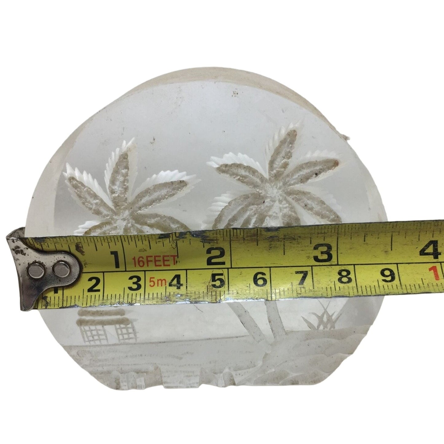 Vintage Carved Reverse Lucite Paperweight Hawaii Scene w/ Palm Trees