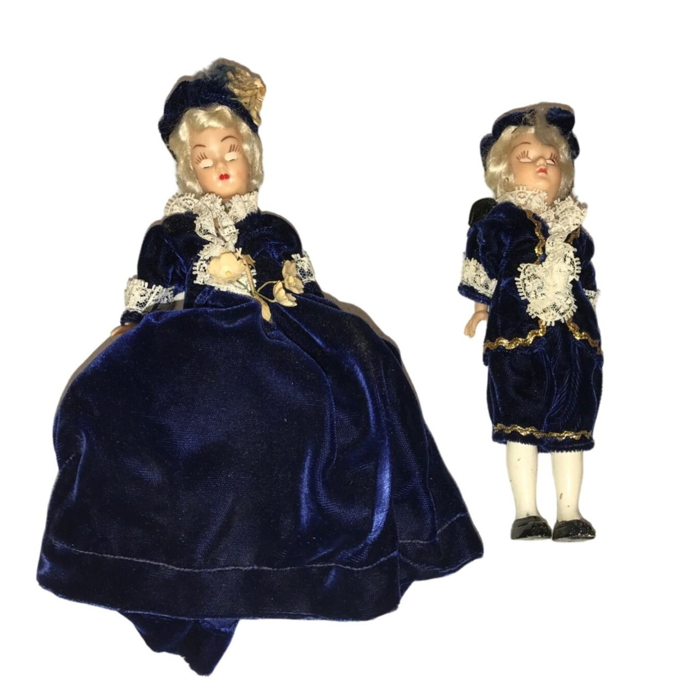 Vintage Collectible Pair of Colonial Times Dolls Wearing Blue/White Velvet Dresses